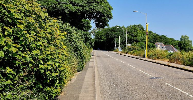Photo shows a road with a yellow speed camera next to the footpath