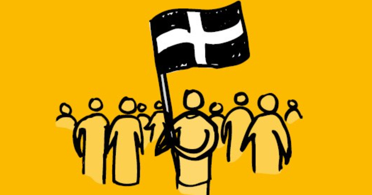 Drawing of a group of people with one holding the St Piran flag