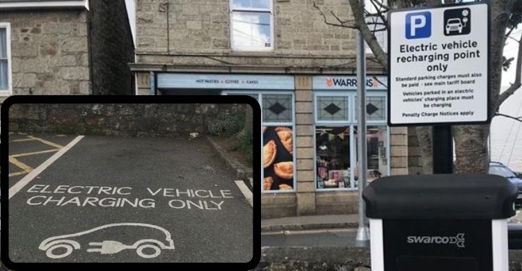 Image shows an electric vehicle charging point and a photo of a car park space.