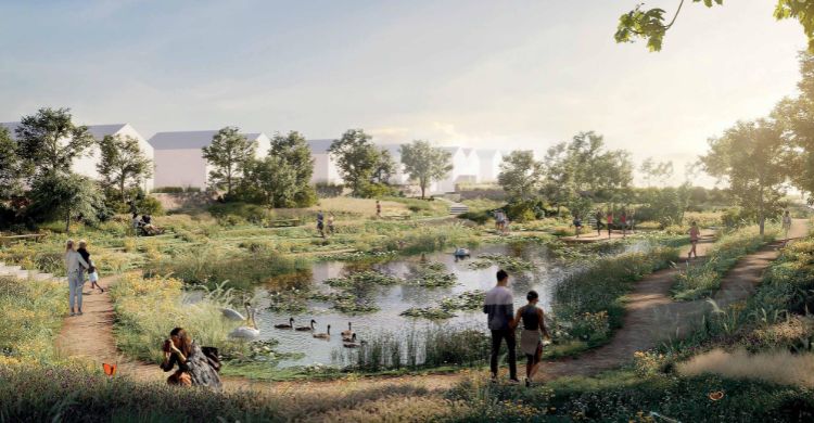 Image shows an artist impression of people walking around a lake surrounded by trees and green space.