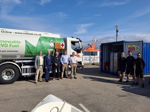 Falmouth Harbour team joined by suppliers Mitchell & Webber at the Harbour’s new £50,000 HVO refuelling facility, which was 50% funded by Cornwall Council’s Growth Hub Grants Programme. L-R M&W MD Robert Weedon, Director John Weedon, FH CEO Miles Carden, M&W Director Tristan Weedon, M&W Operations Manager Chris Smith, FH Pilot Boat team Abi Rickard, Coxswain Ben Turner, FH Marine Manager Tom Redgrave. Photo Cornwall Council.