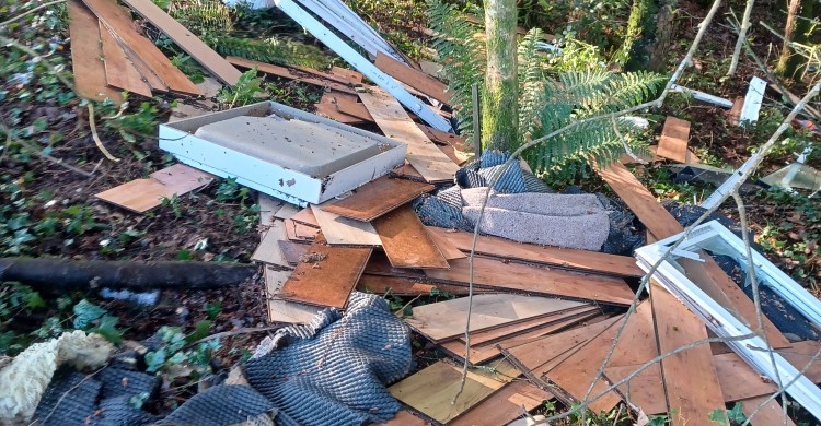 Wood and other building waste dumped at woods
