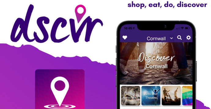 dscvr app logo with a mobile phone and the words 'eat, shop, do, discover'
