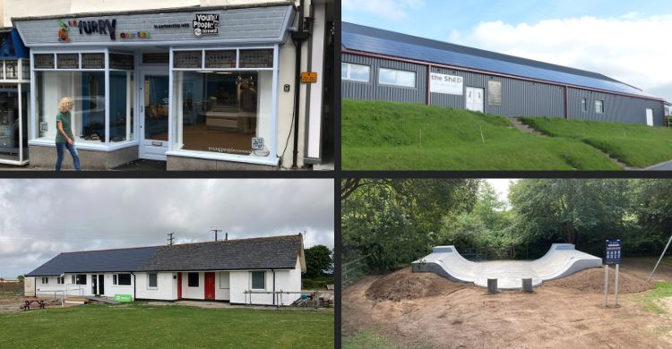 A montage of four photos - top left is of a cafe on a street; top right is of a large warehouse-type building; bottom left is of a sports building and bottom right is of a skate ramp