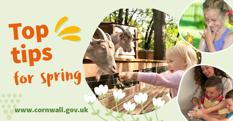 Image of children at a petting zoo, washing hands and putting on suncream with the strapline - Top tips for Spring