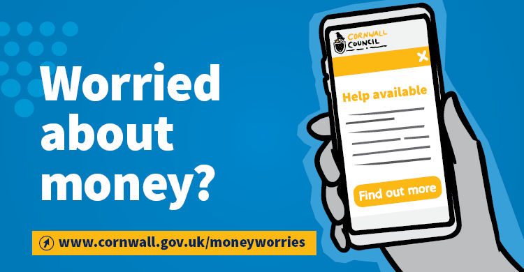 Worried about money - image of a mobile phone with text 'help available'