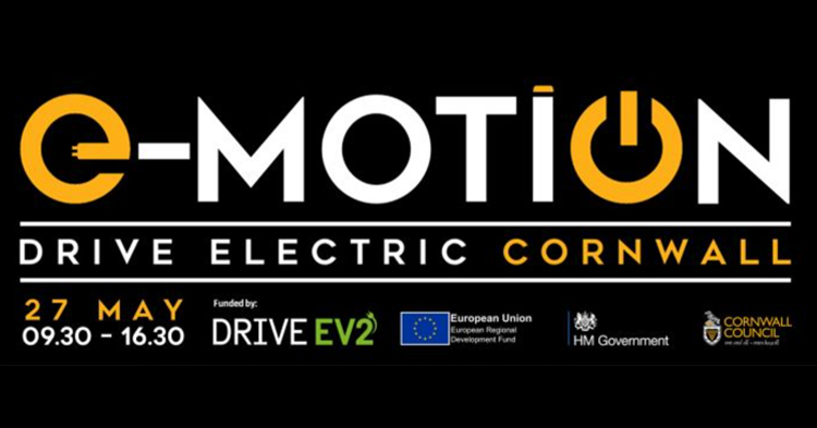 E-motion logo - Drive electric Cornwall 27 May