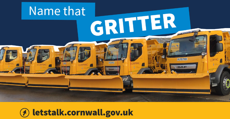 Image shows several gritters in a line with the text 'Name that Gritter' above