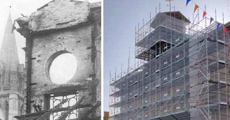 Side by side images of Truro Clock Tower - from when it was damaged by fire in 1914 and a photo from today with scaffolding around the structure