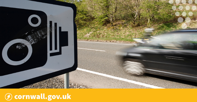 Car driving past a speed camera sign. Text on graphic reads; cornwall.gov.uk