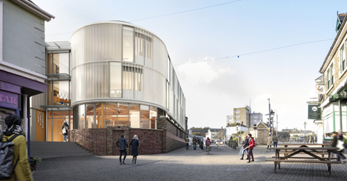 Picture shows an artist impression of the new building - the building is curved with large glass windows. People are walking in the street next to the building