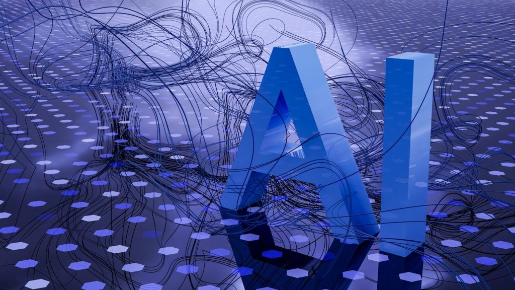 3D rendered ai text on dark digital background